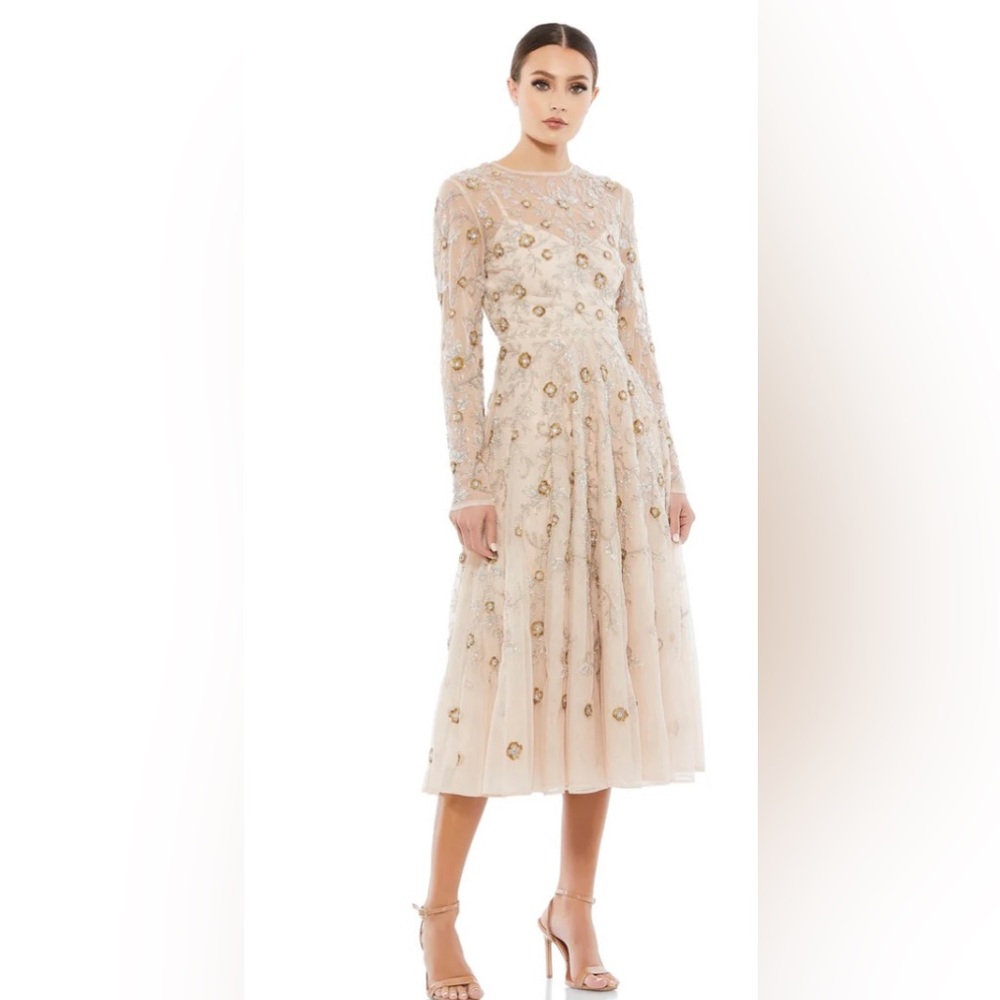 Mac Duggal beaded illusion high neck long sleeve A line gown nude size 8